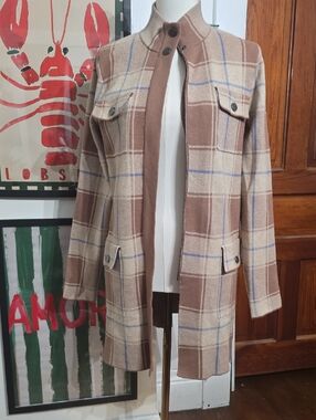 Max Studio Beige Brown Plaid Coat with Blue Accents Long Sweater Duster Large